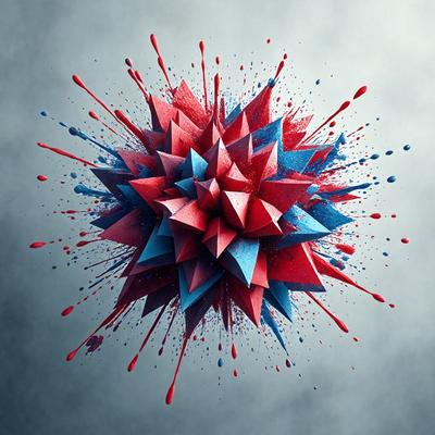 The primary subject of the image is a three-dimensional, colorful geometric shape, which appears to be a combination of red, blue, and white. The shape is surrounded by a blue and red background, giving it a vibrant and lively appearance. The visual style of the image is a mix of digital art and illustration, as it is a three-dimensional object with a colorful and intricate design. The colors and mood of the image are energetic and lively, with the red, blue, and white colors creating a sense of excitement and dynamism.